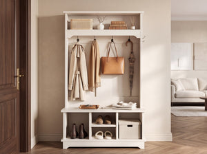 English Elm Omchom Hall Tree Bench with Shoe Cubbies Hooks Engineered Wood Entryway Organizer White B2764P518744