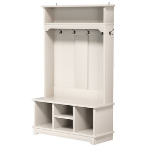 English Elm Omchom Hall Tree Bench with Shoe Cubbies Hooks Engineered Wood Entryway Organizer White B2764P518744