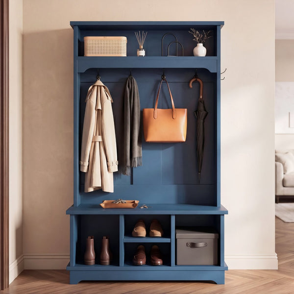 English Elm Omchom Hall Tree Bench with Shoe Cubbies Hooks Engineered Wood Entryway Organizer Blue B2764P518746