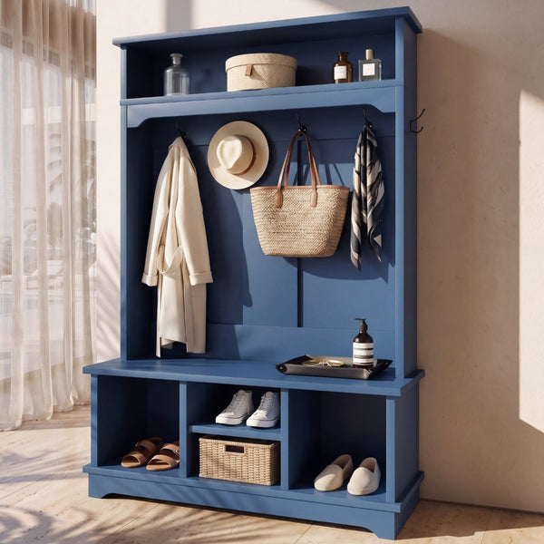 English Elm Omchom Hall Tree Bench with Shoe Cubbies Hooks Engineered Wood Entryway Organizer Blue B2764P518746