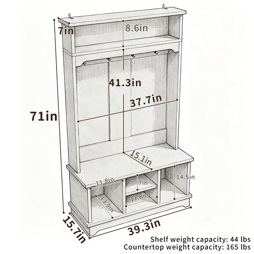 English Elm Omchom Hall Tree Bench with Shoe Cubbies Hooks Engineered Wood Entryway Organizer Blue B2764P518746