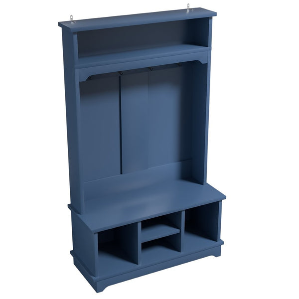 English Elm Omchom Hall Tree Bench with Shoe Cubbies Hooks Engineered Wood Entryway Organizer Blue B2764P518746