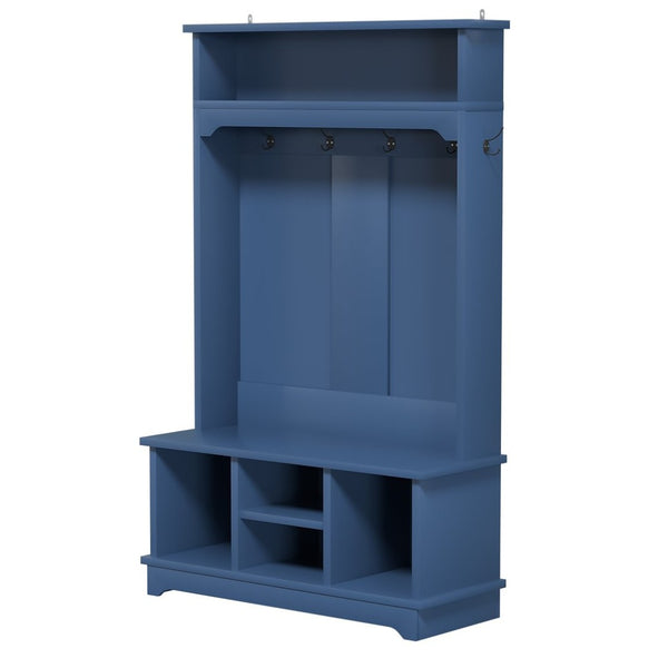 English Elm Omchom Hall Tree Bench with Shoe Cubbies Hooks Engineered Wood Entryway Organizer Blue B2764P518746