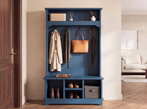 English Elm Omchom Hall Tree Bench with Shoe Cubbies Hooks Engineered Wood Entryway Organizer Blue B2764P518746