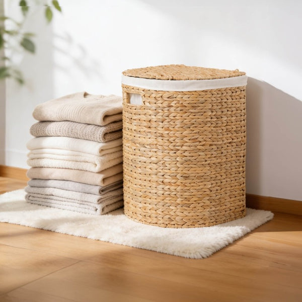 English Elm Ludmila Hand Woven Water Hyacinth Laundry Hamper Flat Back Wall Hugging Natural B2765P523547