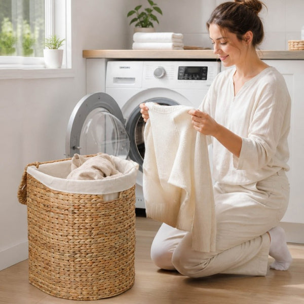 English Elm Ludmila Hand Woven Water Hyacinth Laundry Hamper Flat Back Wall Hugging Natural B2765P523547