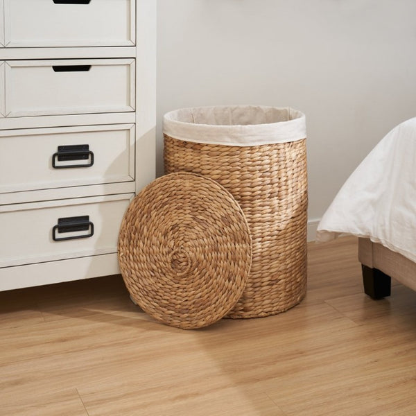 English Elm Ludmilla Water Hyacinth Woven Hamper with Lid Removable Liner Bohemian Storage B2765P523549