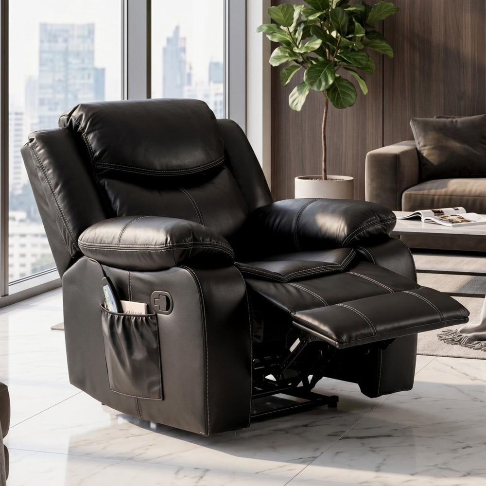 English Elm Black Air Leather Massage Recliner with Heating Vibration for Living Room Comfort B2766P488712