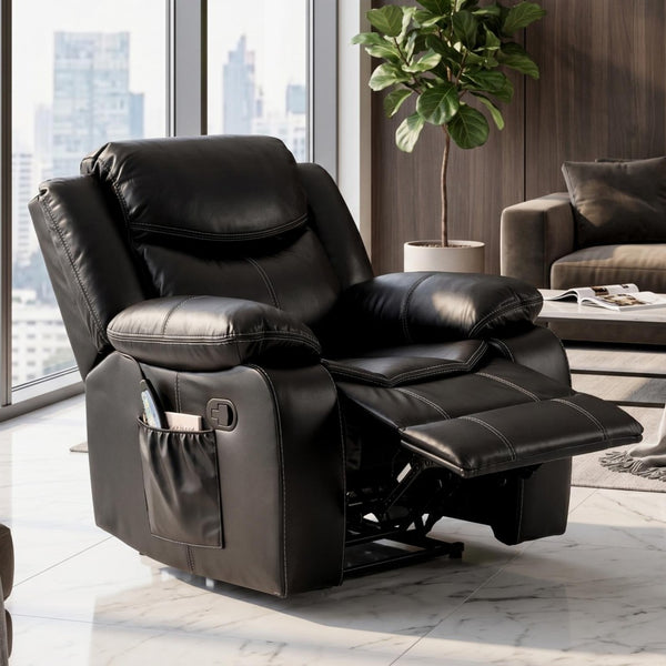 English Elm Black Air Leather Massage Recliner with Heating Vibration for Living Room Comfort B2766P488712