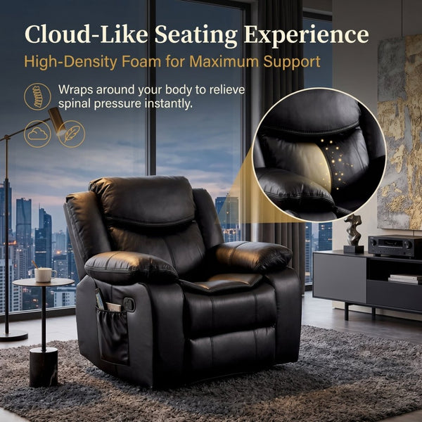 English Elm Black Air Leather Massage Recliner with Heating Vibration for Living Room Comfort B2766P488712