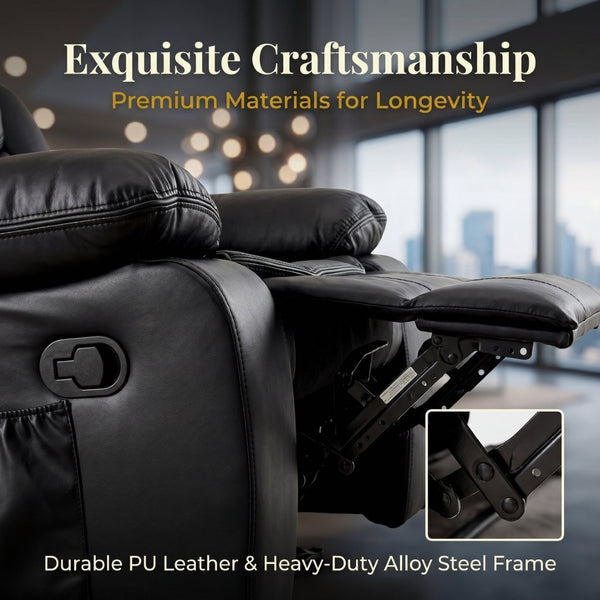 English Elm Black Air Leather Massage Recliner with Heating Vibration for Living Room Comfort B2766P488712