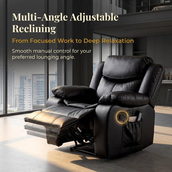 English Elm Black Air Leather Massage Recliner with Heating Vibration for Living Room Comfort B2766P488712