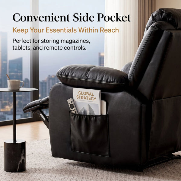 English Elm Black Air Leather Massage Recliner with Heating Vibration for Living Room Comfort B2766P488712