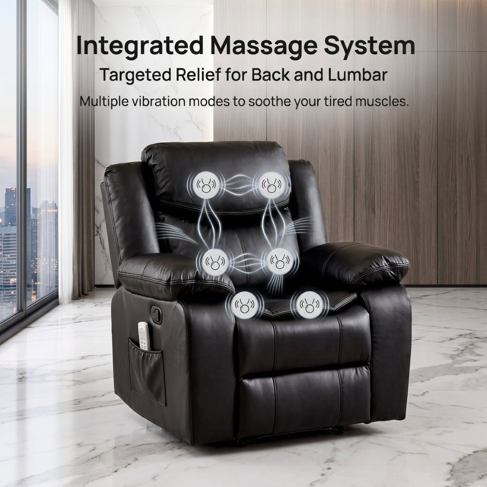 English Elm Black Air Leather Massage Recliner with Heating Vibration for Living Room Comfort B2766P488712