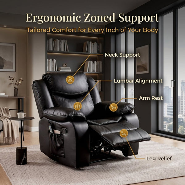 English Elm Black Air Leather Massage Recliner with Heating Vibration for Living Room Comfort B2766P488712