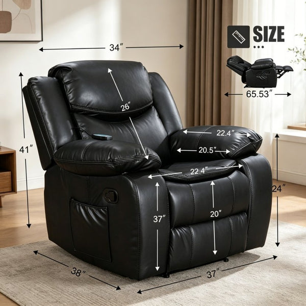 English Elm Black Air Leather Massage Recliner with Heating Vibration for Living Room Comfort B2766P488712