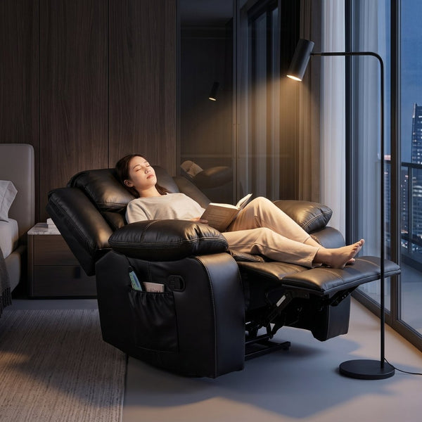 English Elm Black Air Leather Massage Recliner with Heating Vibration for Living Room Comfort B2766P488712
