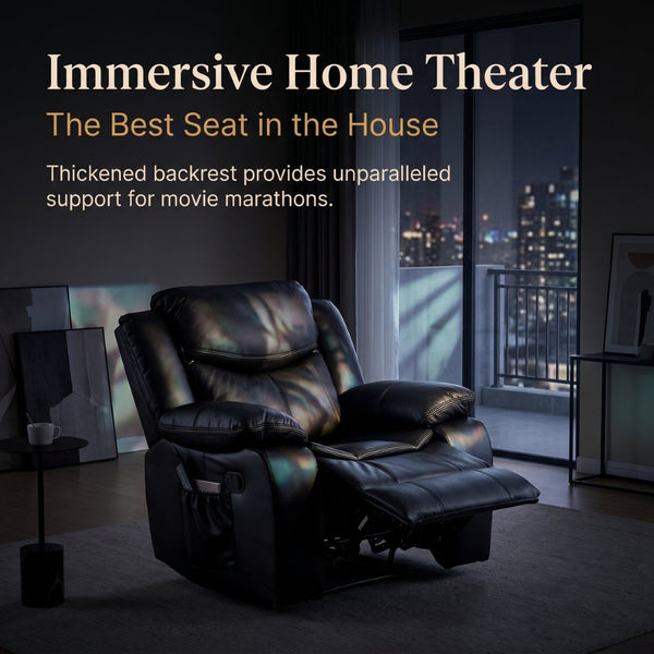 English Elm Black Air Leather Massage Recliner with Heating Vibration for Living Room Comfort B2766P488712