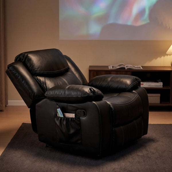 English Elm Black Air Leather Massage Recliner with Heating Vibration for Living Room Comfort B2766P488712