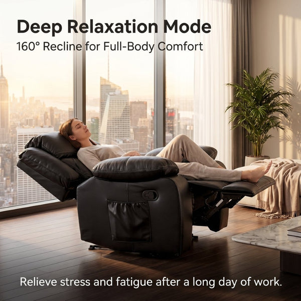 English Elm Black Air Leather Massage Recliner with Heating Vibration for Living Room Comfort B2766P488712