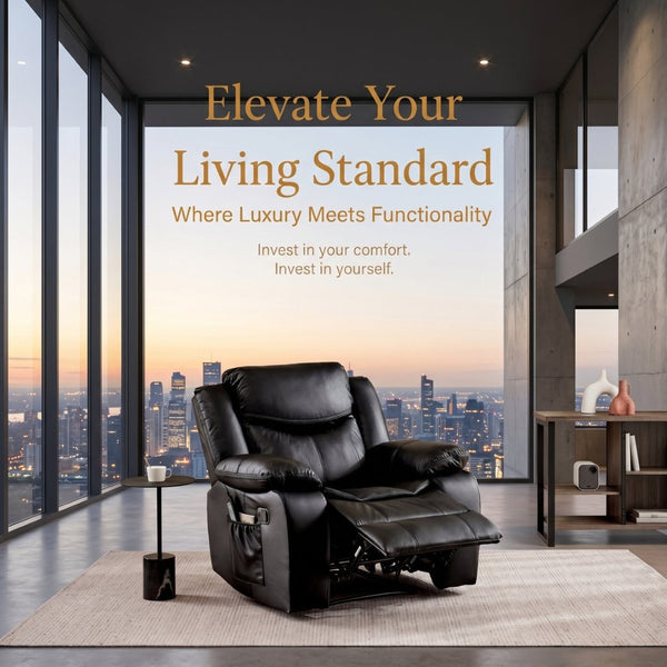 English Elm Black Air Leather Massage Recliner with Heating Vibration for Living Room Comfort B2766P488712