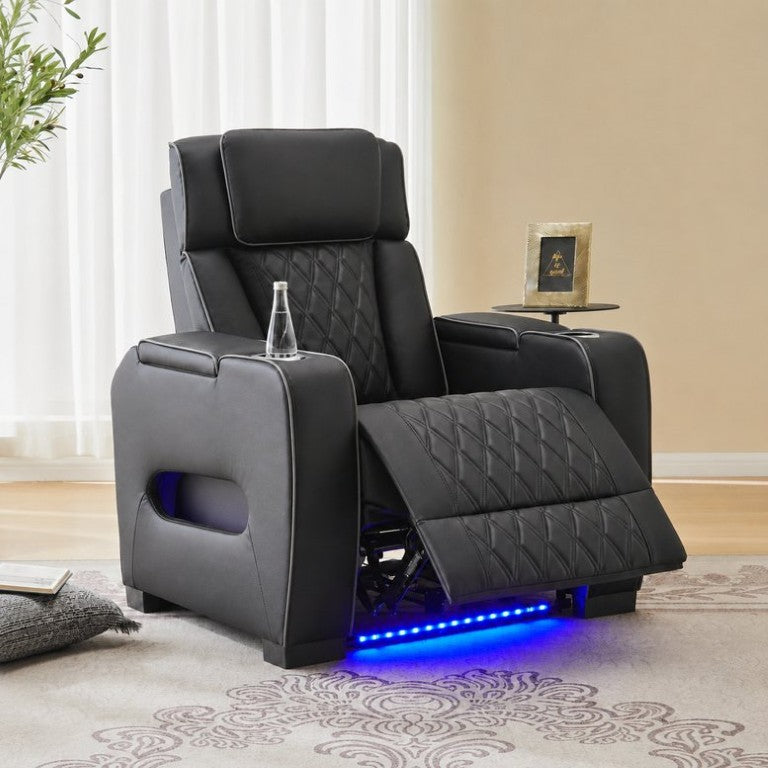 English Elm Power Recliner with LED Ambient Lighting USB Charging and PU Leather Seating B2766P540443
