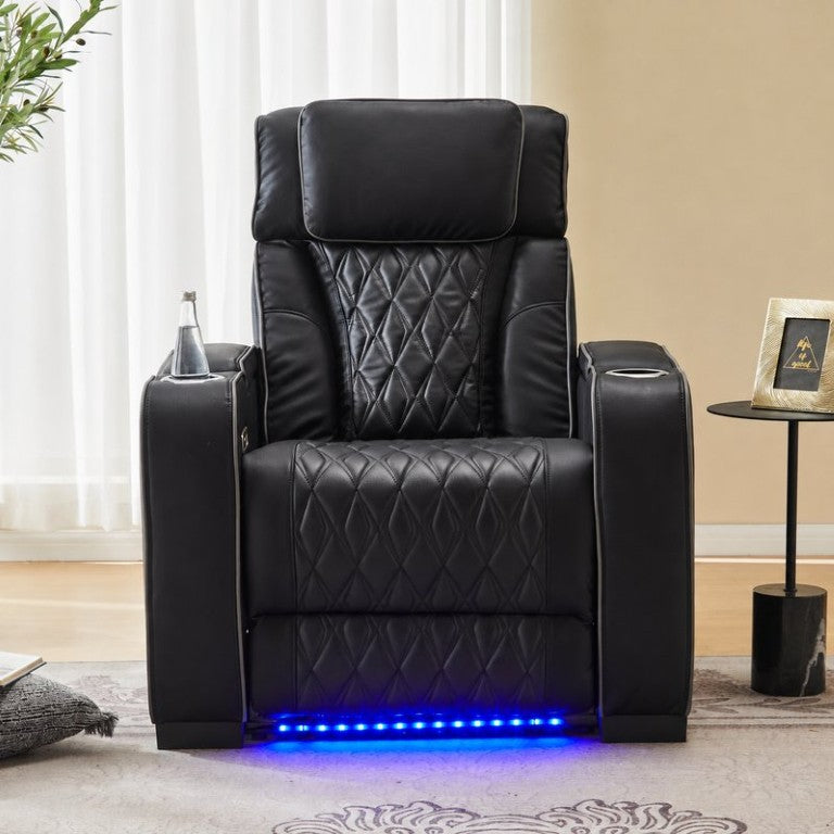 English Elm Power Recliner with LED Ambient Lighting USB Charging and PU Leather Seating B2766P540443