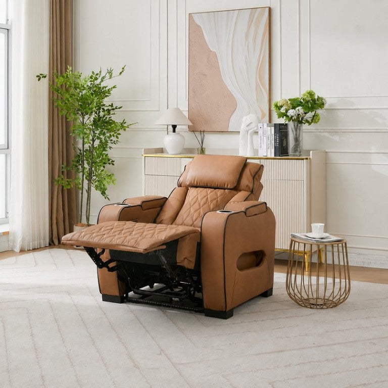 English Elm Power Recliner with LED Ambiance USB Charging Cup Holders and PU Leather Seating B2766P580321