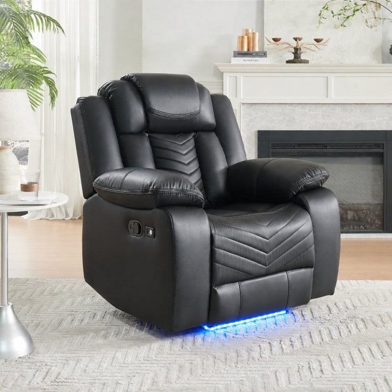 English Elm Black Faux Leather Manual Recliner with LED Ambient Base and Ergonomic Cinema Comfort B2766P580679