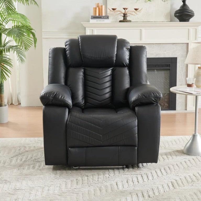 English Elm Black Faux Leather Manual Recliner with LED Ambient Base and Ergonomic Cinema Comfort B2766P580679