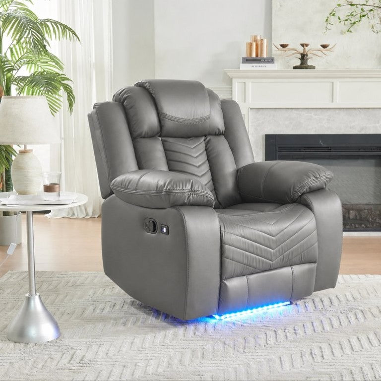English Elm Gray Faux Leather Manual Recliner with Blue LED Base Lighting and USB Charging Ports B2766P581031