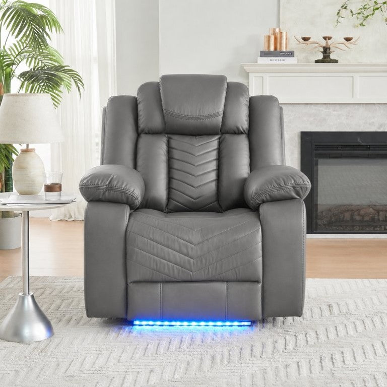 English Elm Gray Faux Leather Manual Recliner with Blue LED Base Lighting and USB Charging Ports B2766P581031