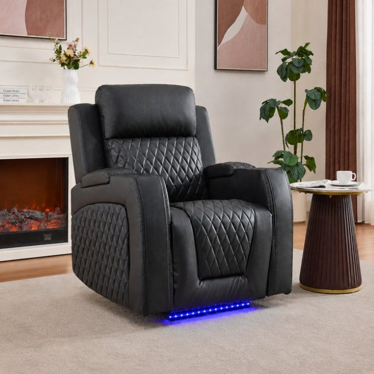 English Elm Power Recliner Chair Faux Leather with LED Ambient Lighting USB Port and Cup Holders B2766P586014