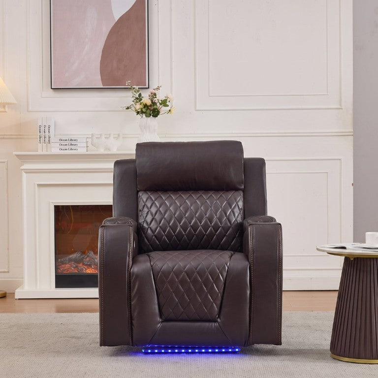 English Elm Power Recliner Chair Faux Leather Home Theater Seating with LED Ambient Lighting USB Brown B2766P586252