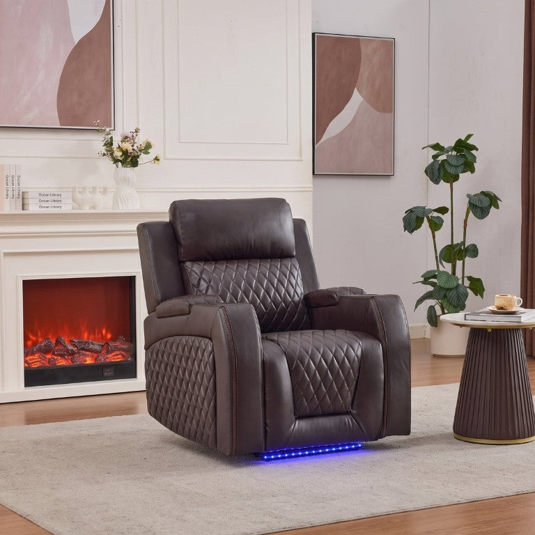 English Elm Power Recliner Chair Faux Leather Home Theater Seating with LED Ambient Lighting USB Brown B2766P586252