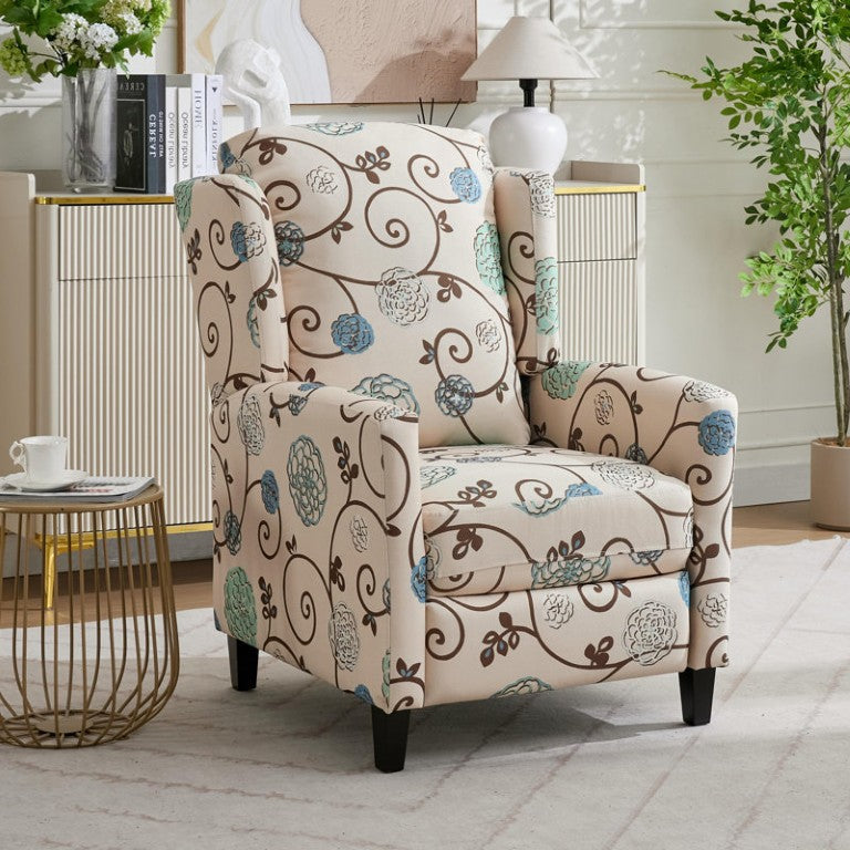 English Elm Floral Print Wingback Push Back Recliner with Foam Cushions and Tapered Wooden Legs B2766P587919