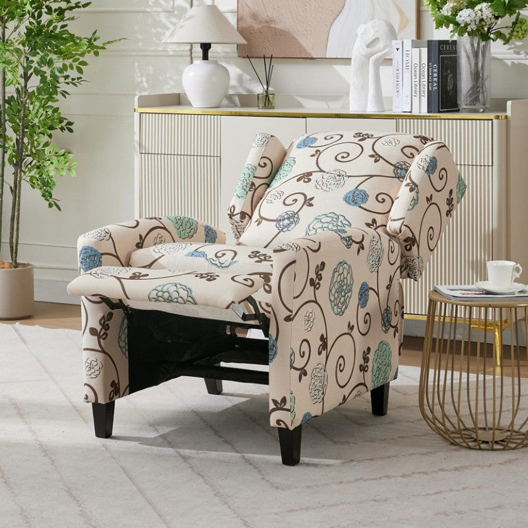 English Elm Floral Print Wingback Push Back Recliner with Foam Cushions and Tapered Wooden Legs B2766P587919