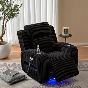 English Elm Wide Ribbed Power Recliner with LED Lighting and Cup Holders for Living Room Black Corduroy B2766P587924