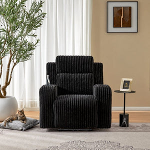 English Elm Wide Ribbed Power Recliner with LED Lighting and Cup Holders for Living Room Black Corduroy B2766P587924