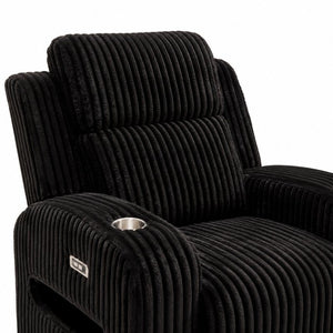 English Elm Wide Ribbed Power Recliner with LED Lighting and Cup Holders for Living Room Black Corduroy B2766P587924