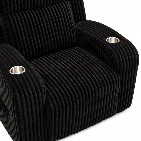 English Elm Wide Ribbed Power Recliner with LED Lighting and Cup Holders for Living Room Black Corduroy B2766P587924