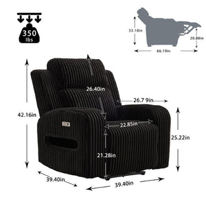 English Elm Wide Ribbed Power Recliner with LED Lighting and Cup Holders for Living Room Black Corduroy B2766P587924