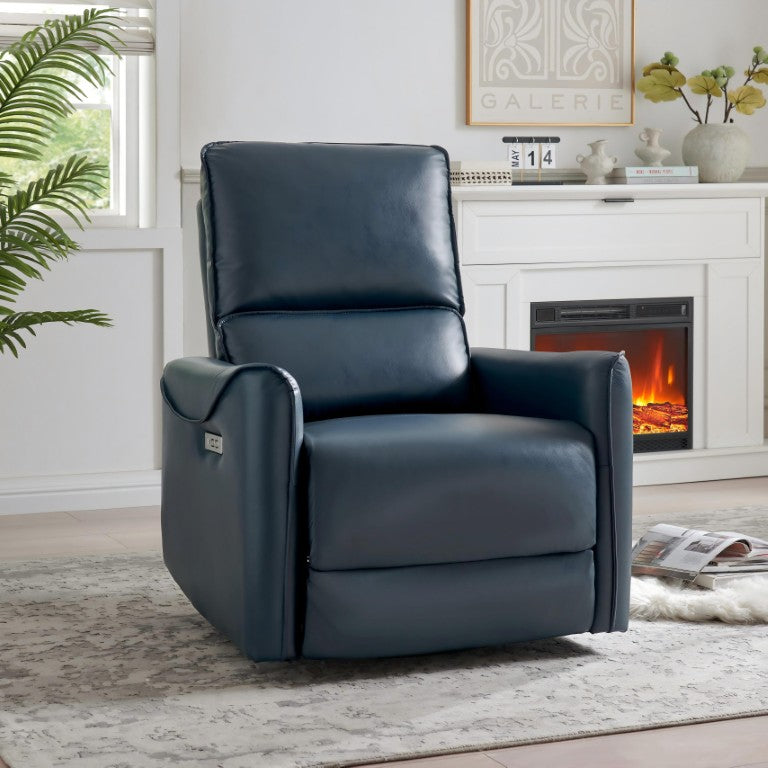 English Elm Blue Faux Leather Power Recliner with Swivel Rocker Base and Built in Charging Ports B2766P603184