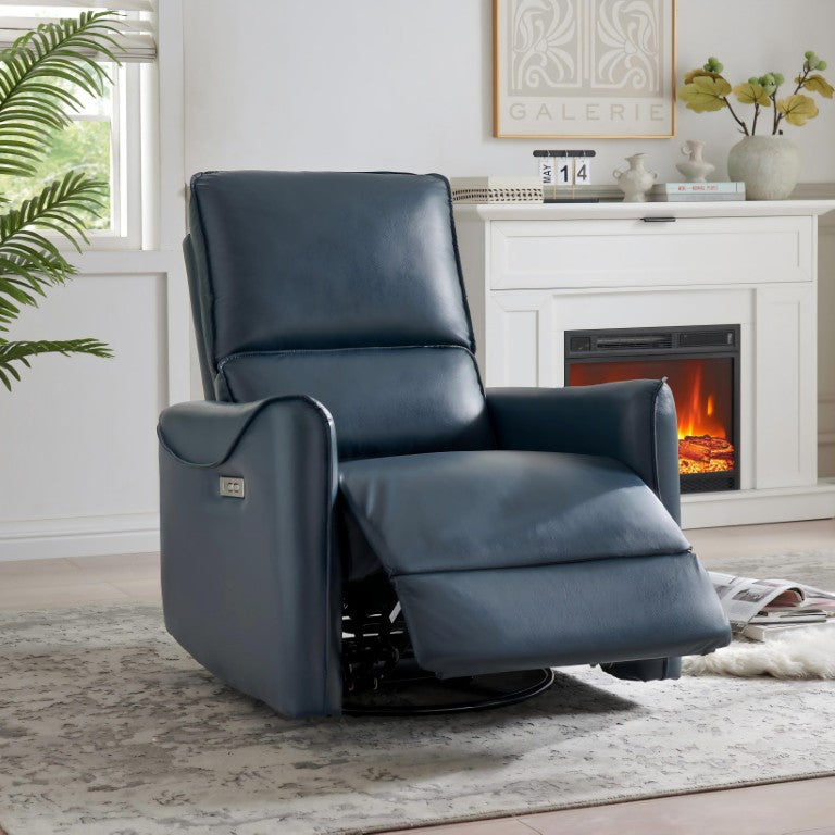 English Elm Blue Faux Leather Power Recliner with Swivel Rocker Base and Built in Charging Ports B2766P603184