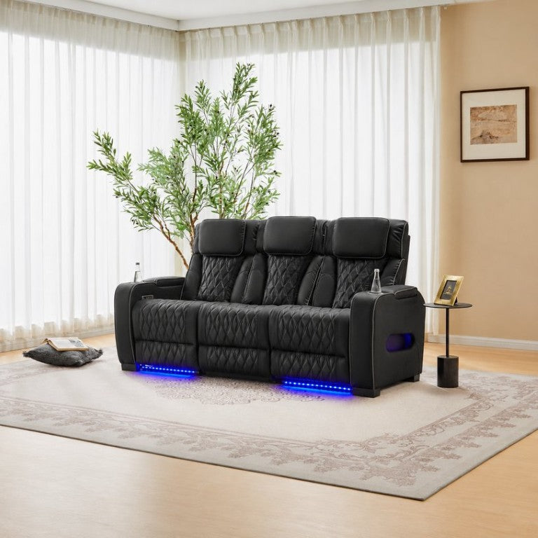 English Elm Black Faux Leather Home Theater Sofa with LED Underglow Cup Holders and Diamond Stitching B2766S00002