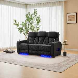 English Elm Black Faux Leather Home Theater Sofa with LED Underglow Cup Holders and Diamond Stitching B2766S00002