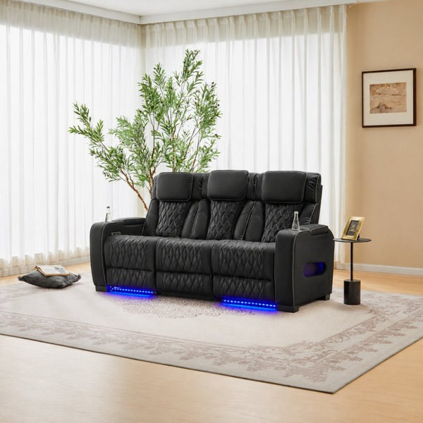 English Elm Black Faux Leather Home Theater Sofa with LED Underglow Cup Holders and Diamond Stitching B2766S00002