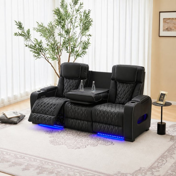 English Elm Black Faux Leather Home Theater Sofa with LED Underglow Cup Holders and Diamond Stitching B2766S00002