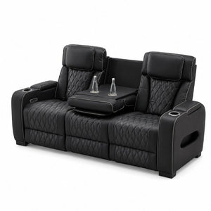 English Elm Black Faux Leather Home Theater Sofa with LED Underglow Cup Holders and Diamond Stitching B2766S00002