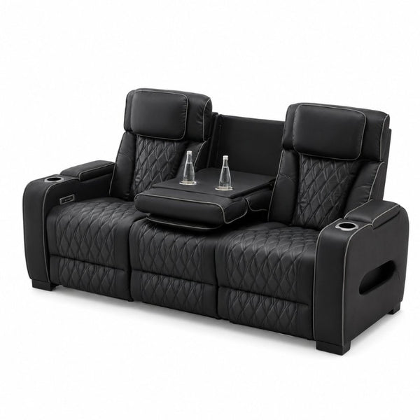 English Elm Black Faux Leather Home Theater Sofa with LED Underglow Cup Holders and Diamond Stitching B2766S00002